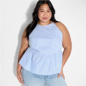 Wild Fable Cotton High Neck Babydoll Halter Blue Striped Sleeveless Top Small